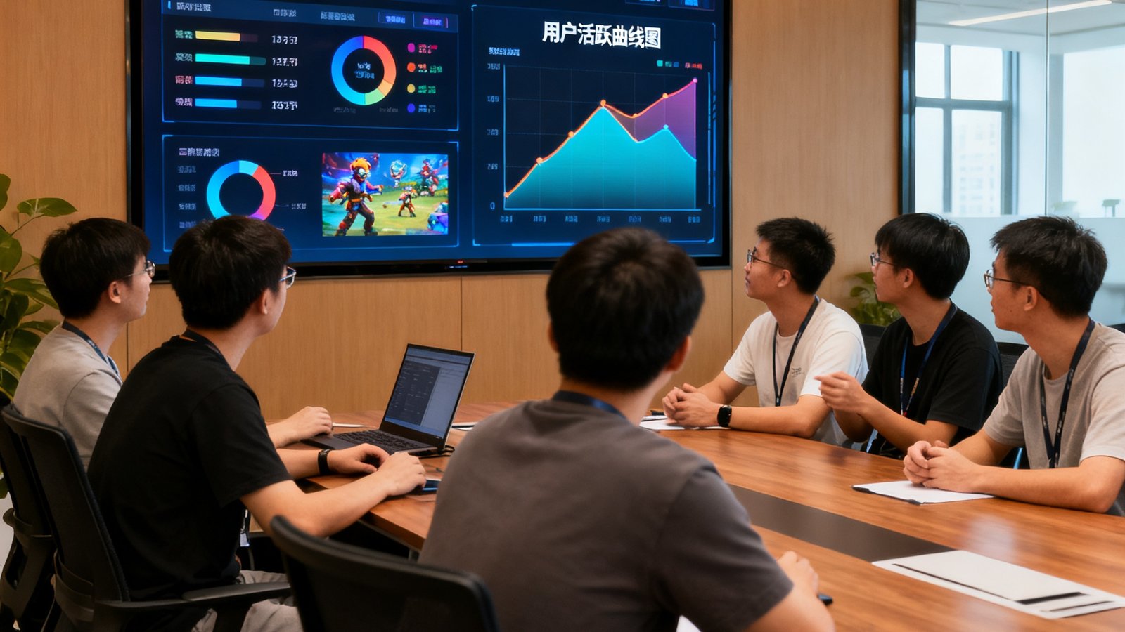 九游广州总部办公室内，技术研发团队围坐在会议桌旁讨论游戏平台优化方案，墙上的大屏幕实时显示着全球游戏分发数据和用户活跃曲线图