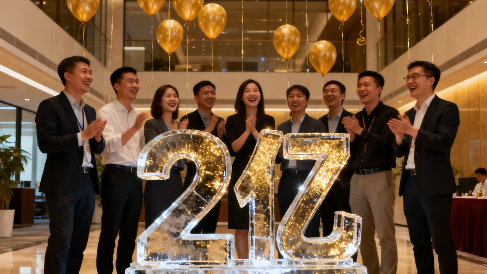 九游全体员工在总部大厅庆祝平台累计注册用户突破2亿的里程碑时刻，金色气球和数字2亿的巨型冰雕在灯光下闪耀