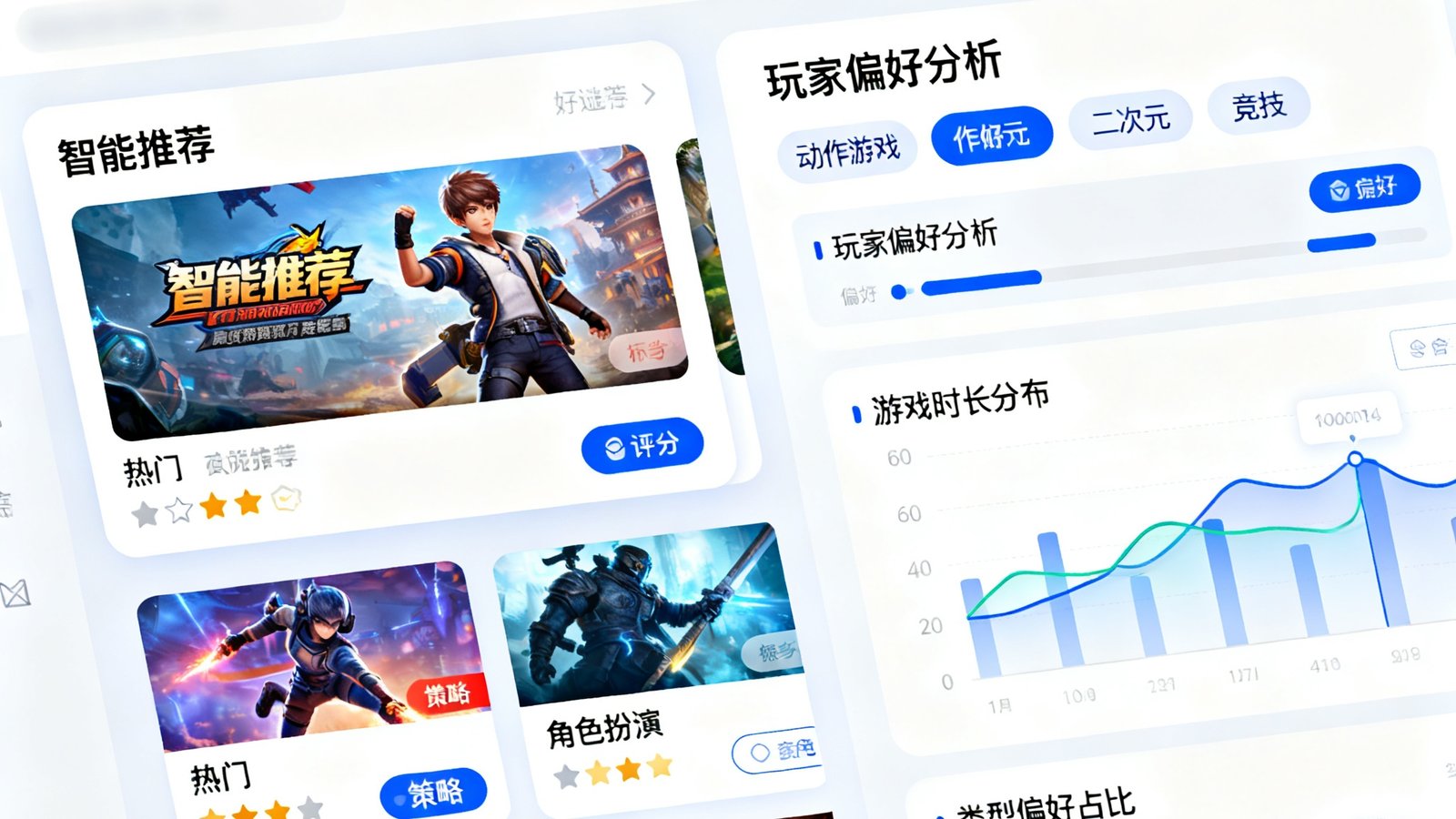 九游AI推荐系统2.0版本的操作界面截图，展示更加智能化的游戏推荐卡片和玩家偏好分析面板