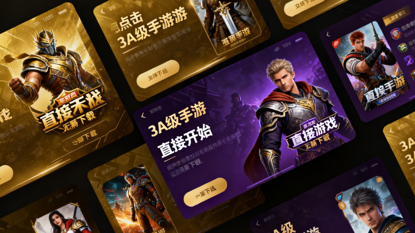 九游云游戏平台的操作界面，展示多款3A级手游的封面排列在深色背景中，用户点击即可直接开始游戏无需下载，界面采用金色和深紫色配色