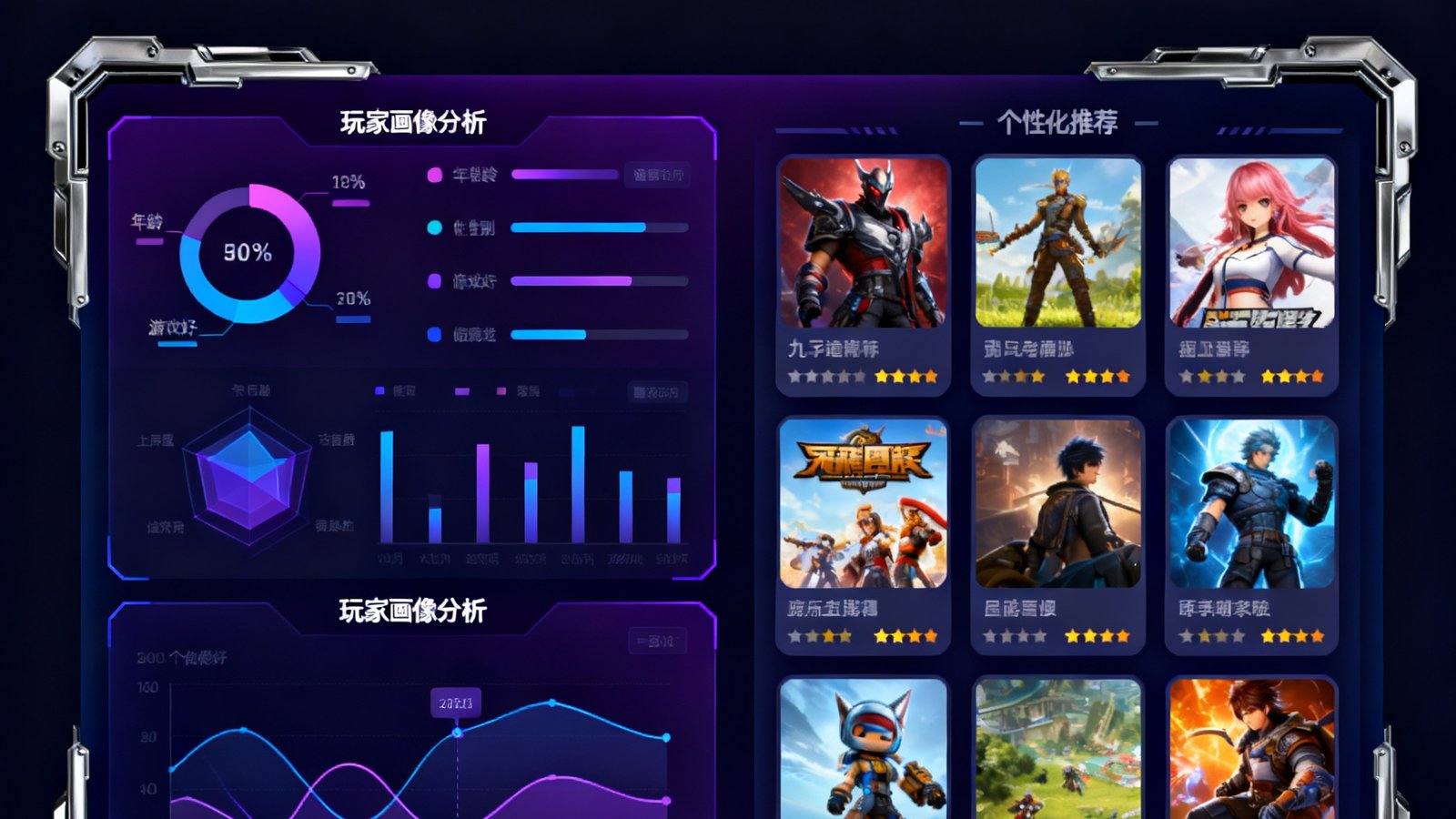 九游AI智能推荐系统的界面截图，左侧显示玩家画像分析图表，右侧展示个性化游戏推荐卡片列表，整体采用深色科技风格设计