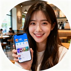 一位长发女性玩家的圆形头像照片，她微笑着手持手机展示九游app界面，背景是明亮的咖啡馆
